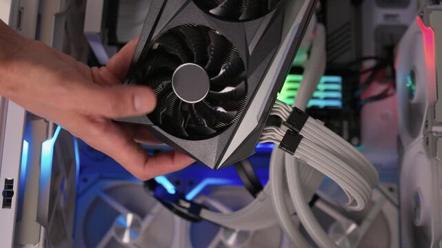 Building computer with careful assembly, Installing components with precise attention to detail, Assembling desktop computer featuring graphics card and lighting effects