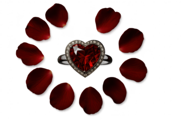 Heart-shaped ruby ring surrounded by rose petals, isolated on transparent back