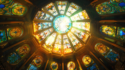 Radiant stained glass dome ceiling with vibrant colors and intricate patterns