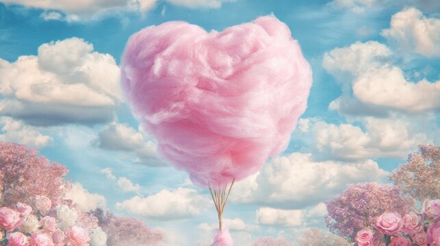 Heart-shaped pink cotton candy balloon floats among clouds and roses