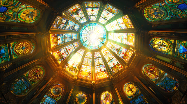Radiant stained glass dome ceiling with vibrant colors and intricate patterns
