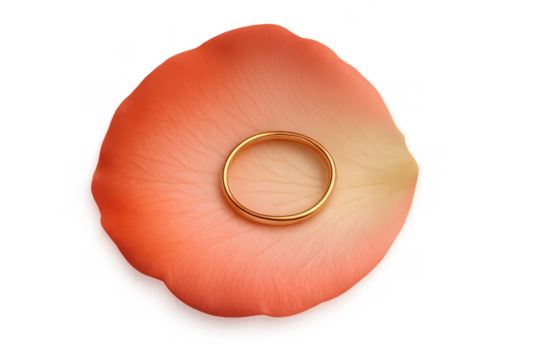 A golden wedding ring on a rose petal isolated on transparent background, love