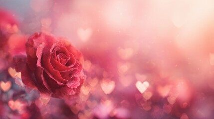 Bright red rose with heart-shaped bokeh in soft light setting
