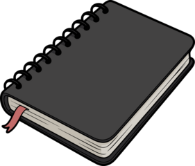 A closed notebook with a dark cover, wire binding, red bookmark and blank white pages.