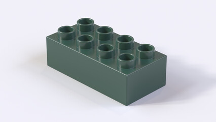 Hunter Green Plastic Building Block on a White Background. Children Toy Brick, Perspective View. Close Up View of a Game Block for Constructors. 3D rendering. 8K Ultra HD, 7680x4320, 300 dpi