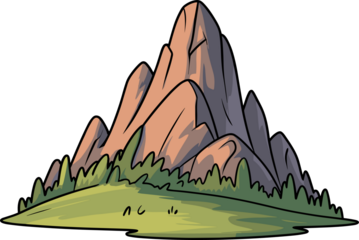 Cartoon mountain landscape with rock peaks, grassy field, and dark background scene.