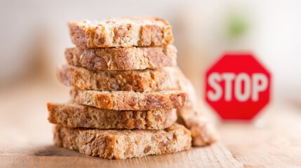 Deliciously stacked bread slices with a warning sign in the background