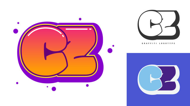 CZ logo design for festival or party. Initial letter c and z in graffiti style. Creative modern lettering company name of font typography. Kids trendy logotype or identity.