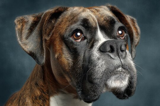 Close up of a handsome boxer dog with beautiful brown eyes looking slightly upward
