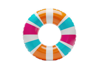 Obraz premium Photorealistic, perfectly circular inflatable swim ring with vibrant stripes of orange, pink, and turquoise. glossy plastic on white studio background with copy space. concept of summer vacation and