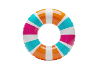 Photorealistic, perfectly circular inflatable swim ring with vibrant stripes of orange, pink, and turquoise. glossy plastic on white studio background with copy space. concept of summer vacation and