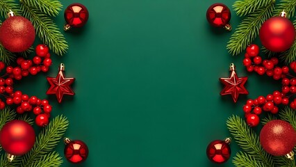 Festive christmas border with red ornaments and green pine branches on green