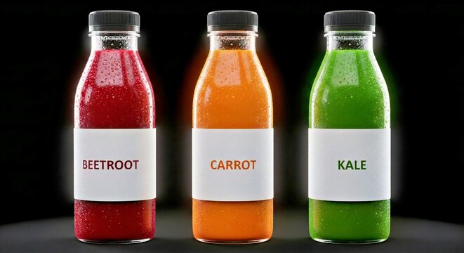 Realistic Isolated Cold Pressed Juices Beetroot Carrot Kale Glowing Black