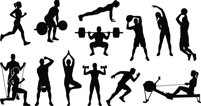 Fitness and Exercise Silhouettes Collection: Diverse People Working Out, Running, Weightlifting, Yoga, Cardio, Strength Training, Healthy Lifestyle, Vector Icon Set.