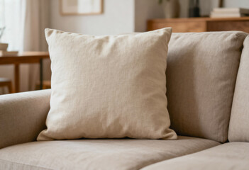 A square beige pillow sits on a beige sofa in a living room with wooden furniture, bright natural light, and a blurred background showing a window and a table