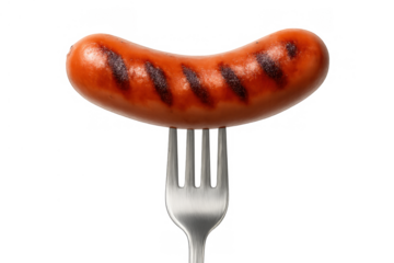 Grilled sausage on a fork with grill marks, ready for a barbecue or picnic, hot dog with delicious savory flavor