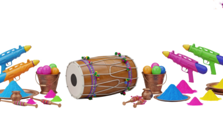 panoramic 3d render of traditional indian holi elements: dhol drum, pichkari spraying saturated color, gulal powder, and garlands, isolated on a white background. commercial festival visualization