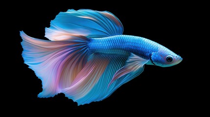 Beautiful blue and pink betta fish on black background with dynamic movement and side view, concept of beauty in nature and underwater life.