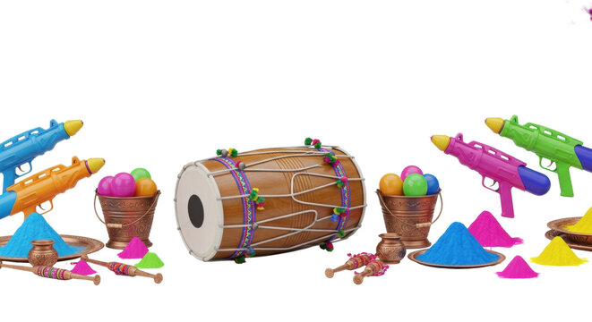 panoramic 3d render of traditional indian holi elements: dhol drum, pichkari spraying saturated color, gulal powder, and garlands, isolated on a white background. commercial festival visualization