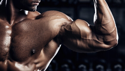 Defined arm muscles. Closeup of a powerful man flexing biceps. Symbol of strength, fitness, and dedication. Perfect for health, sport, and motivational projects.