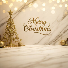 Vintage gold Christmas greeting card design with a snow-covered tree and holiday ball decorations for a happy New Year celebration banner illustration