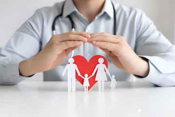 Doctor's hands making a protective roof gesture over paper family cutouts and a red heart on a white desk