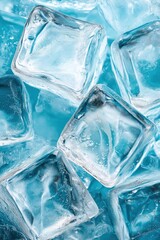 Close up of ice cubes on blue background featuring multiple ice cubes with focus on ice itself, overall theme of ice and snow with advertising imagery style.