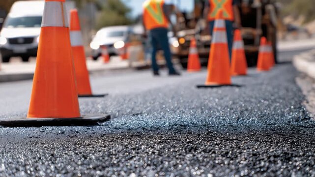 40Artistic photo of roadwork in progress freshly patched asphalt glistening, bright cones forming a line, and fluorescent vests adding vivid contrast to the dusty background