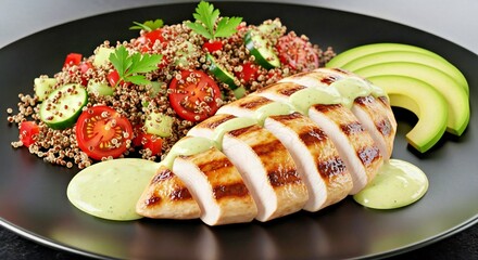 Grilled Chicken Quinoa Salad Avocado Dressing Matte Black Ceramic Plate