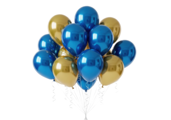 hyper-realistic still life of tightly arranged reflective cobalt blue and metallic gold mylar balloons with white ribbons floating on a white background. luxurious modern celebration concept