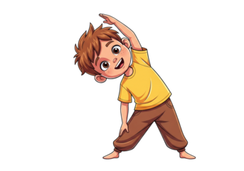Stylized vector illustration of a cheerful young cartoon boy doing a side bend stretch in a yellow shirt against a white studio background with copy space. concept of energetic children's physical