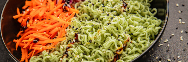 vegetarian noodles jade noodles with vegetables green noodles healthy food budha bowl main course appetizer fresh delicious gourmet food table background rustic food top view copy space