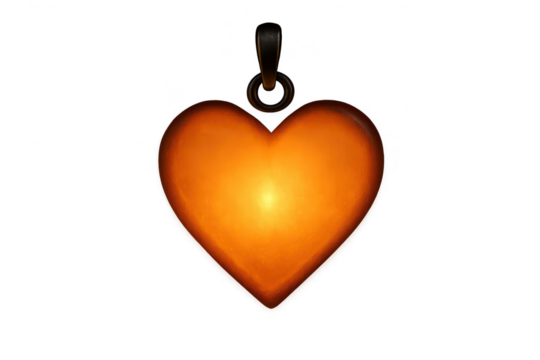Vibrant glowing amber heart pendant charm, isolated on transparent background