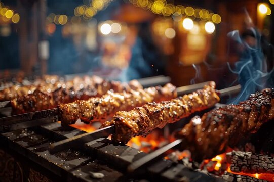 Juicy shish kebab made from pieces of meat is cooked over an open fire