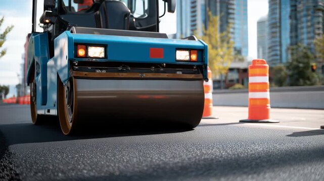 38Ground-level close-up of asphalt compactor pressing new pavement smooth, warning cones glowing in the golden light, representing precision and labor intensity