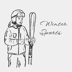 Hand drawn skier in helmet and goggles holding skis. Vector sketch illustration in vintage crayon charcoal style. Winter sports, ski resort. Woman holding pair of ski