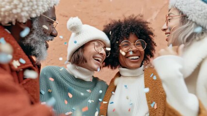 Joyful friends celebrating outdoors with confetti in festive winter attire - Powered by Adobe