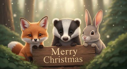 christmas Cute black and white cartoon bunny and kitten baby animals 