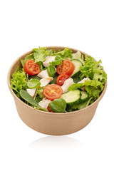 Salad with chicken and vegetables isolated on white background