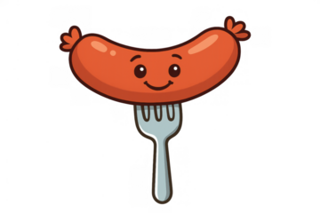 Cute cartoon sausage character smiling on a fork, representing a happy food and fun meal concept