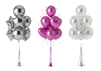 detailed photorealistic still life of three isolated, floating bouquets: silver foil, magenta pearlescent, and glitter latex balloons on pure white background. Concept for luxury celebration