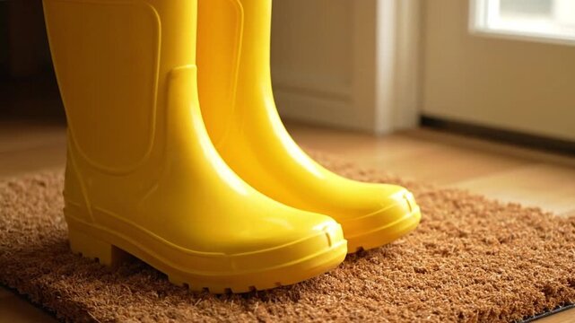Vibrant yellow rain boots on a textured coir doormat, ready for wet weather