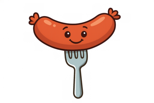Cute cartoon sausage character smiling on a fork, representing a happy food and fun meal concept - Powered by Adobe