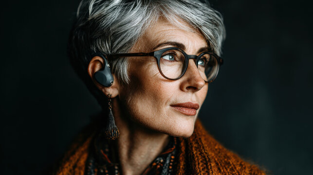 Mature woman with modern hearing aid, wearing glasses and warm clothing, highlighting hearing technology for seniors