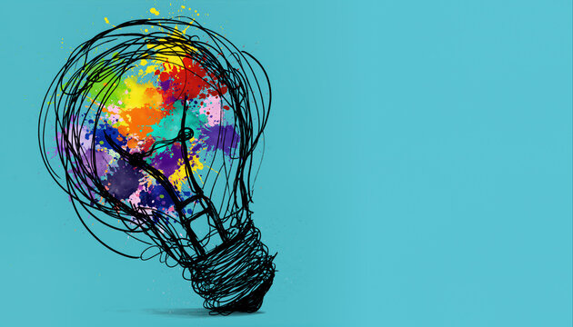 Creative illustration of a colorful light bulb with artistic flair and vibrant colors on a blue background