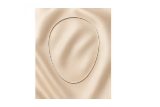 Delicate silver necklace on draped fabric, isolated on a transparent background.