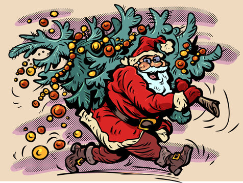 Santa Claus carrying the Christmas tree. Buying Christmas decorations and decor. Special offers for holiday customers.