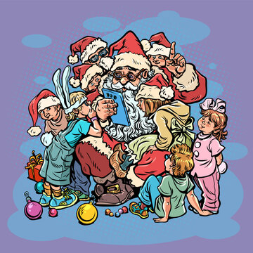 Santa Claus surrounded by children. Santa Claus reading letters on his phone. Special offers for customers during the holidays.