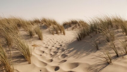 Sandy dunes with tall grasses, footprints, and a hazy sky create a peaceful, natural scene