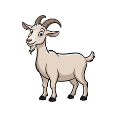 Cartoon goat stands, with curved horns, small tail, and goatee. Cute, friendly, comical.